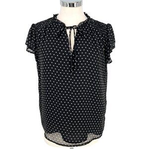 CeCe Black White Polka Dot Blouse Flutter Sleeve Size Medium